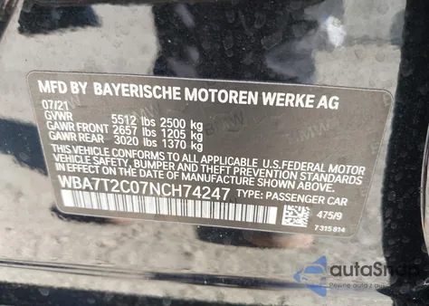 2022 BMW 740 I z USA, uszkodzony, nr VIN WBA7T2C07NCH74247